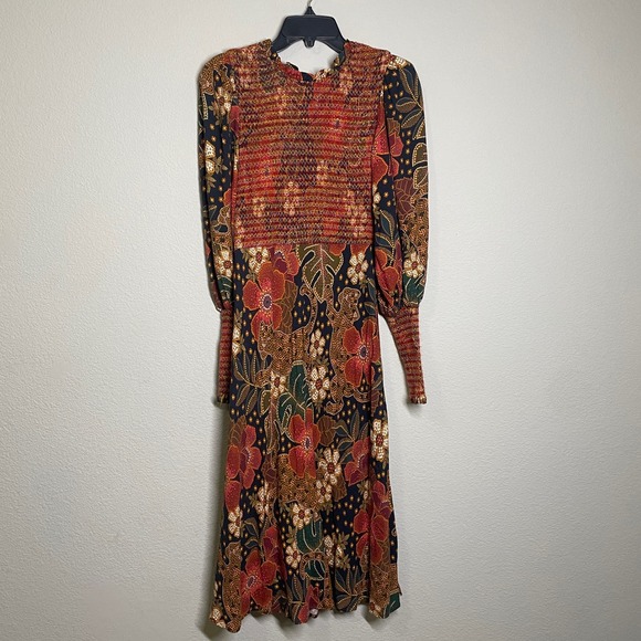 Farm Rio Medium Flowered Leopards Midi Dress Multicolored Mock Neck Long Sleeves - Picture 2 of 11